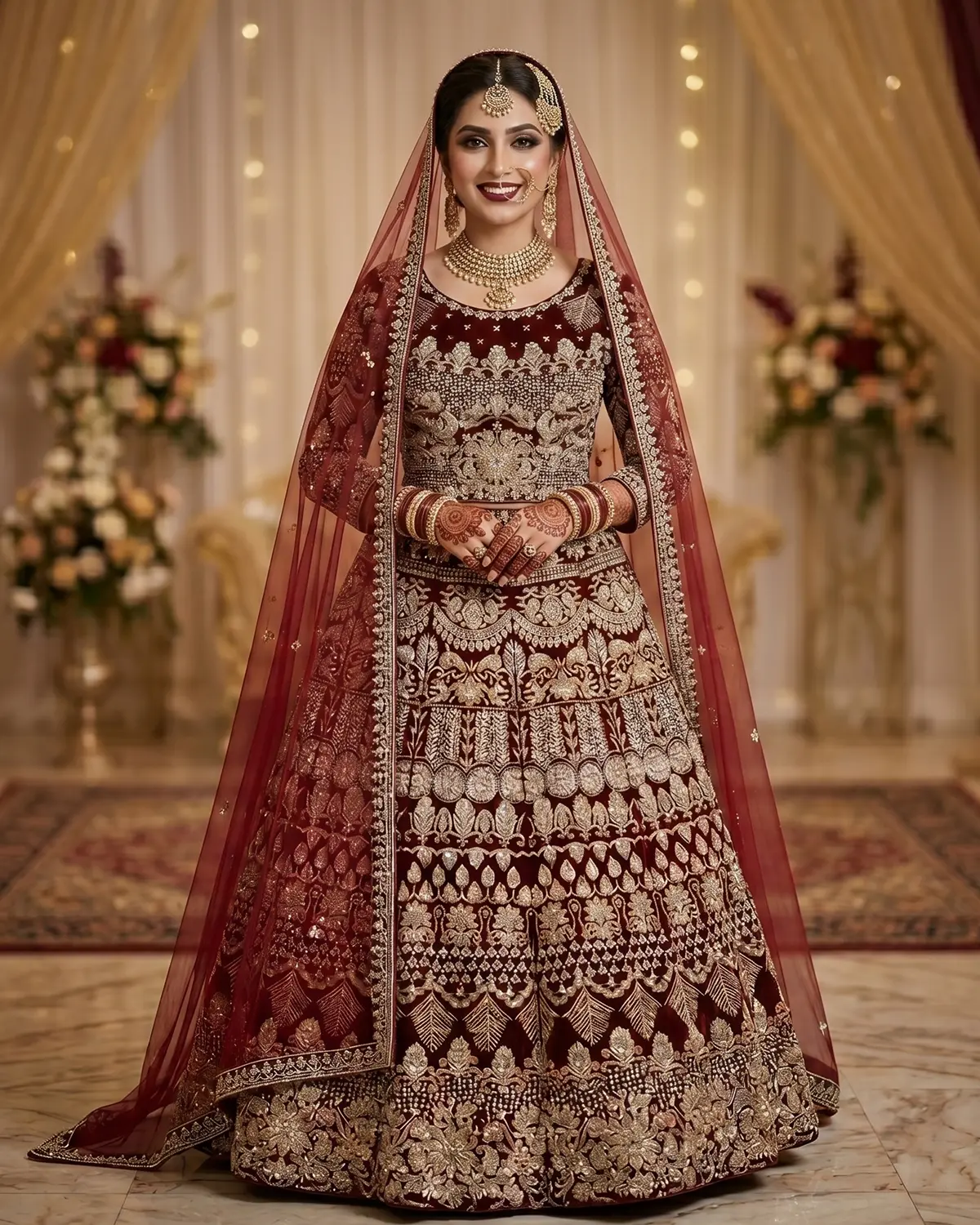 Maroon Golden Jewel Velevt Bridal Lehenga shirt - Image 2