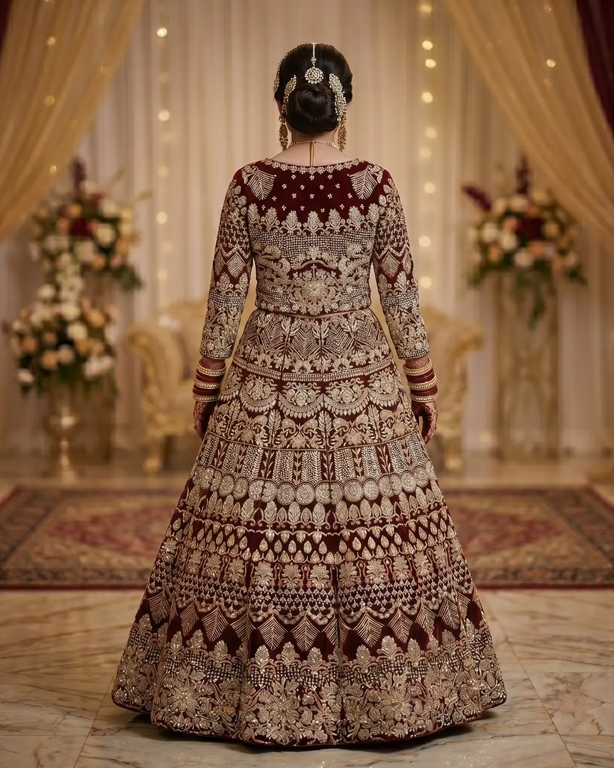 Maroon Golden Jewel Velevt Bridal Lehenga shirt - Image 3