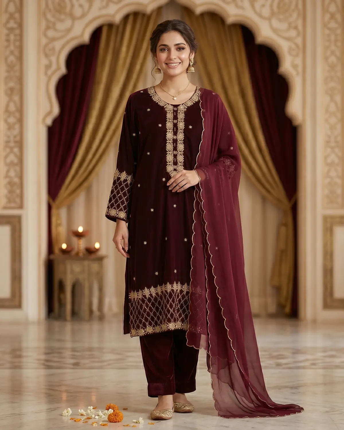 Maroon Velvet Formal Shirt Trouser Suit - Image 2