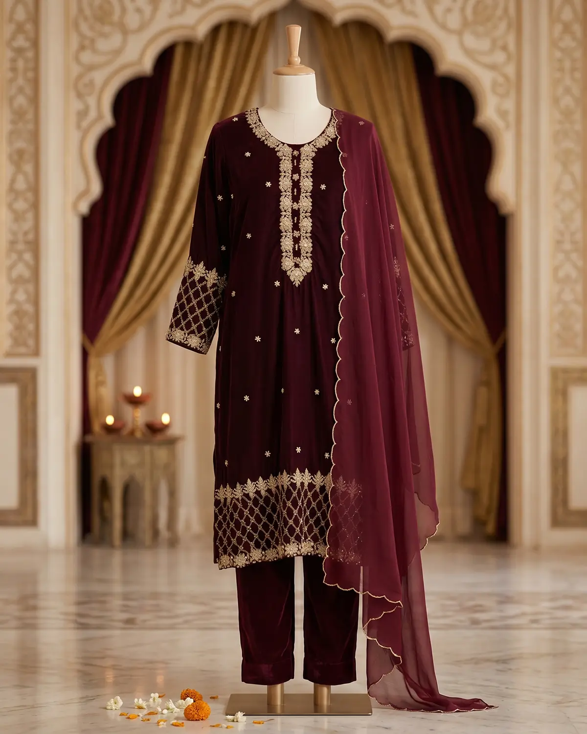 Maroon Velvet Formal Shirt Trouser Suit
