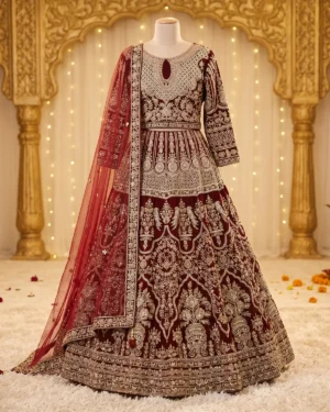 Maroon Velvet Heritage Bridal Lehenga Shirt