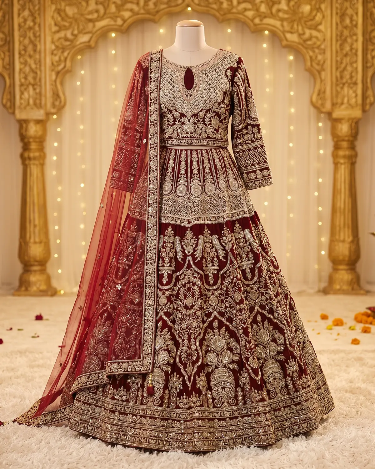 Maroon Velvet Heritage Bridal Lehenga Shirt