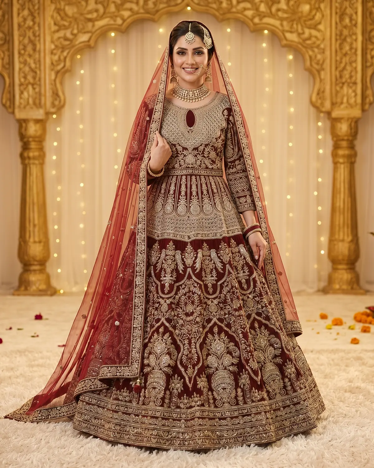 Maroon Velvet Heritage Bridal Lehenga Shirt - Image 2
