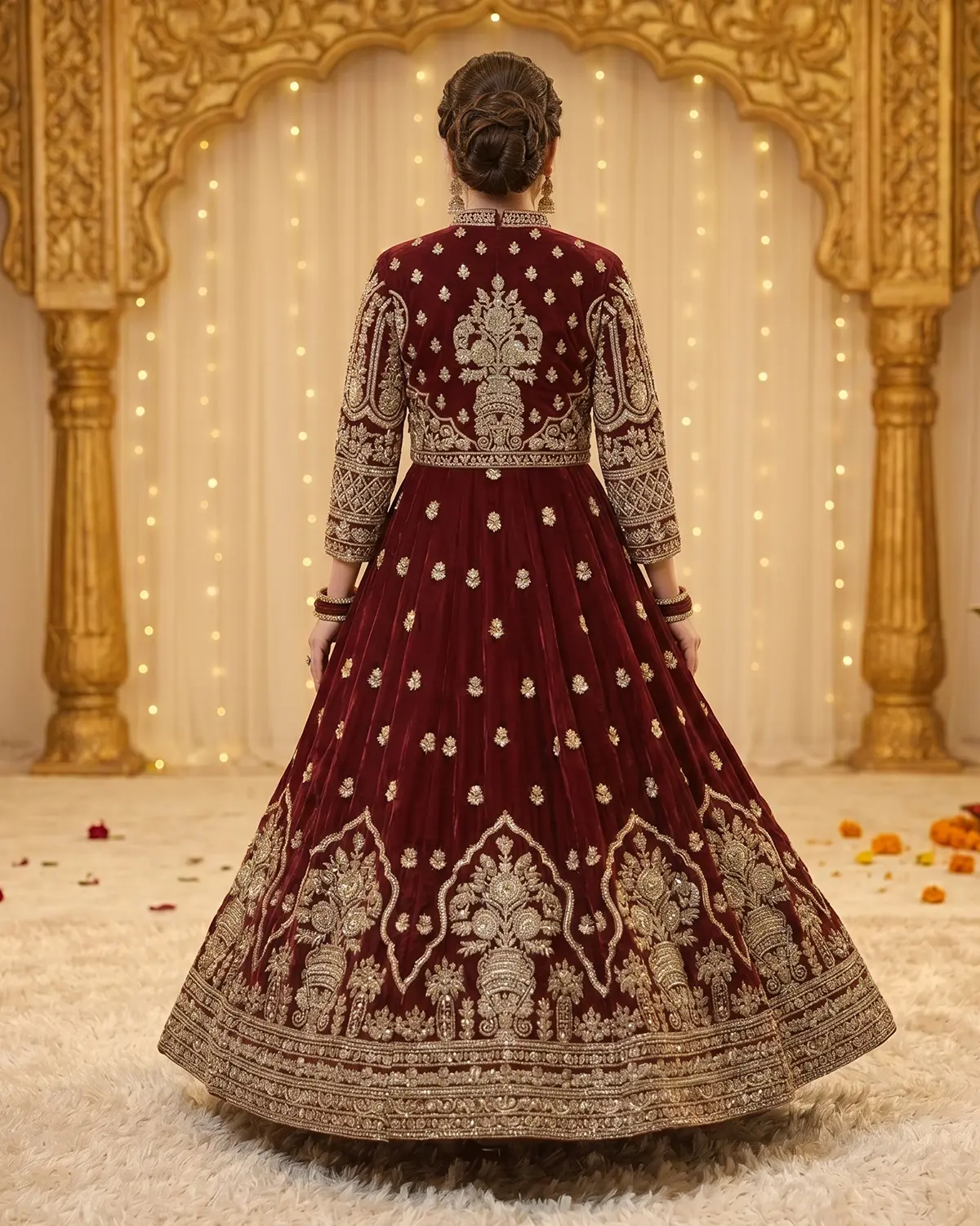 Maroon Velvet Heritage Bridal Lehenga Shirt - Image 3