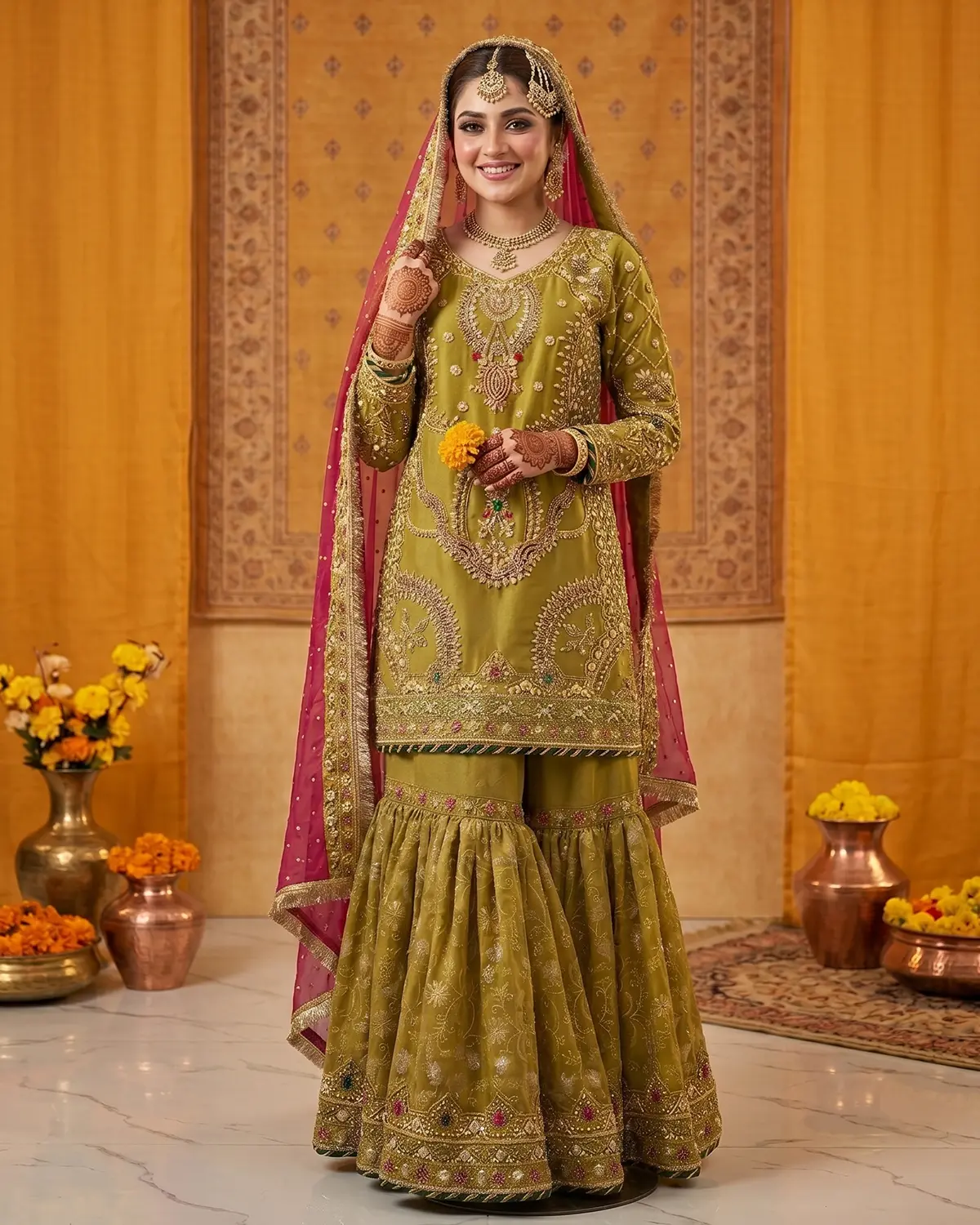 Mehndi Embroidered Bridal Gharara - Image 2