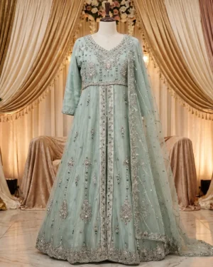 Mint Green Minimal Embroidery Formal Maxi