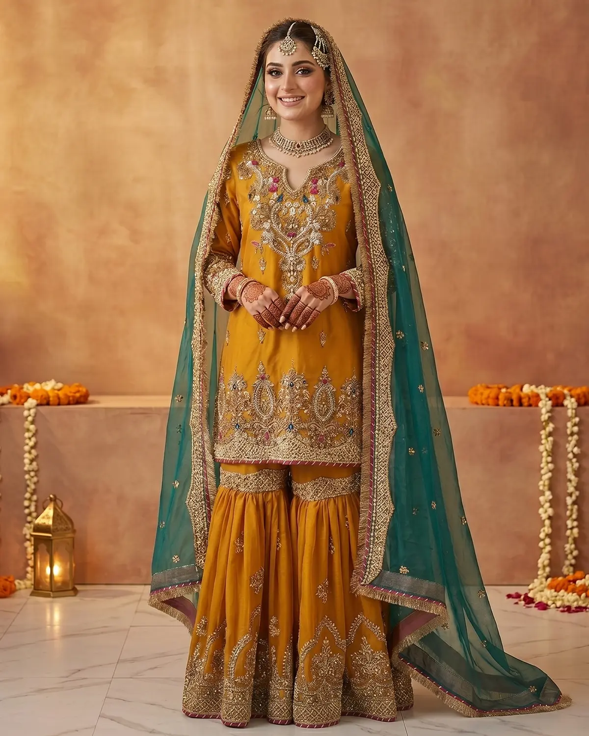 Mustard Bridal Mehndi Bridal Gharara Shirt - Image 2