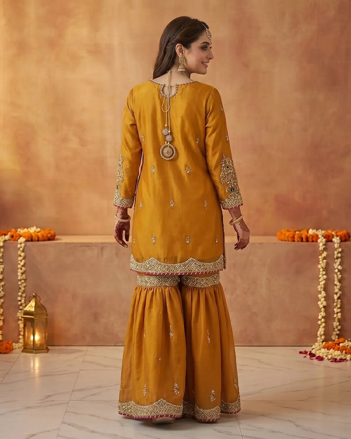 Mustard Bridal Mehndi Bridal Gharara Shirt - Image 3