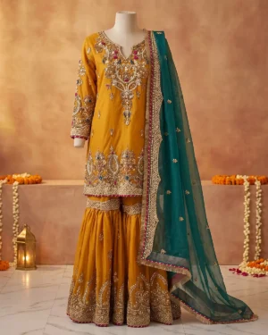 Mustard Bridal Mehndi Bridal Gharara Shirt
