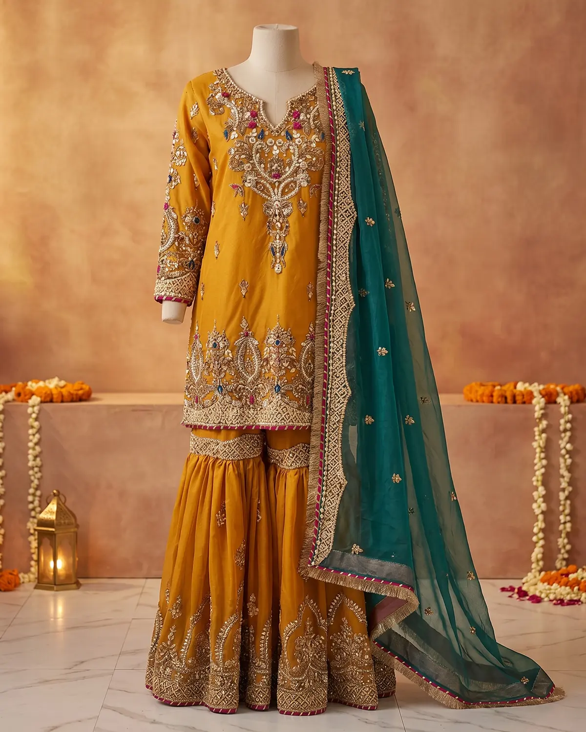 Mustard Bridal Mehndi Bridal Gharara Shirt