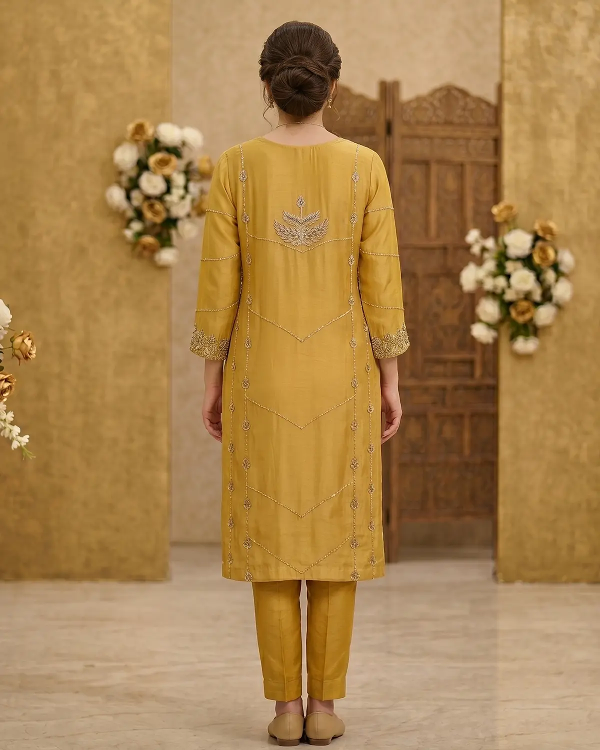 Mustard Yellow Zari Formal Shirt Trouser Suit - Image 3