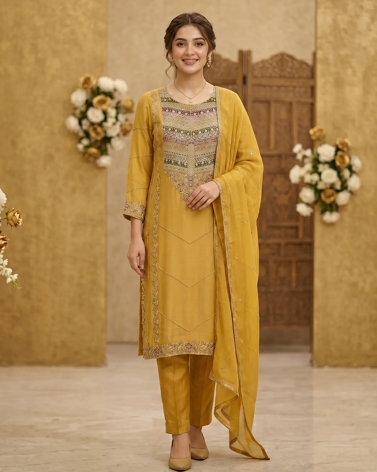 Mustard Yellow Zari Formal Shirt Trouser Suit - Image 2