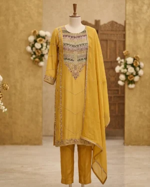 Mustard Yellow Zari Formal Shirt Trouser Suit