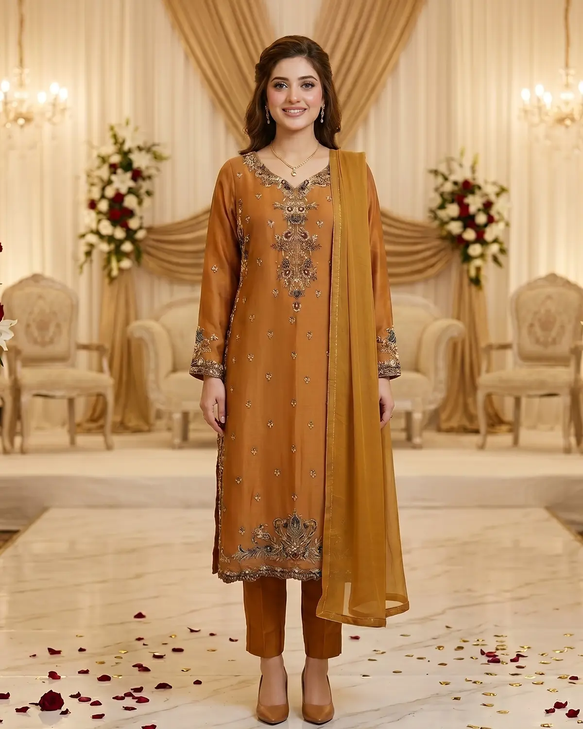 Mustard Zari Formal Shirt Trouser Suit - Image 2