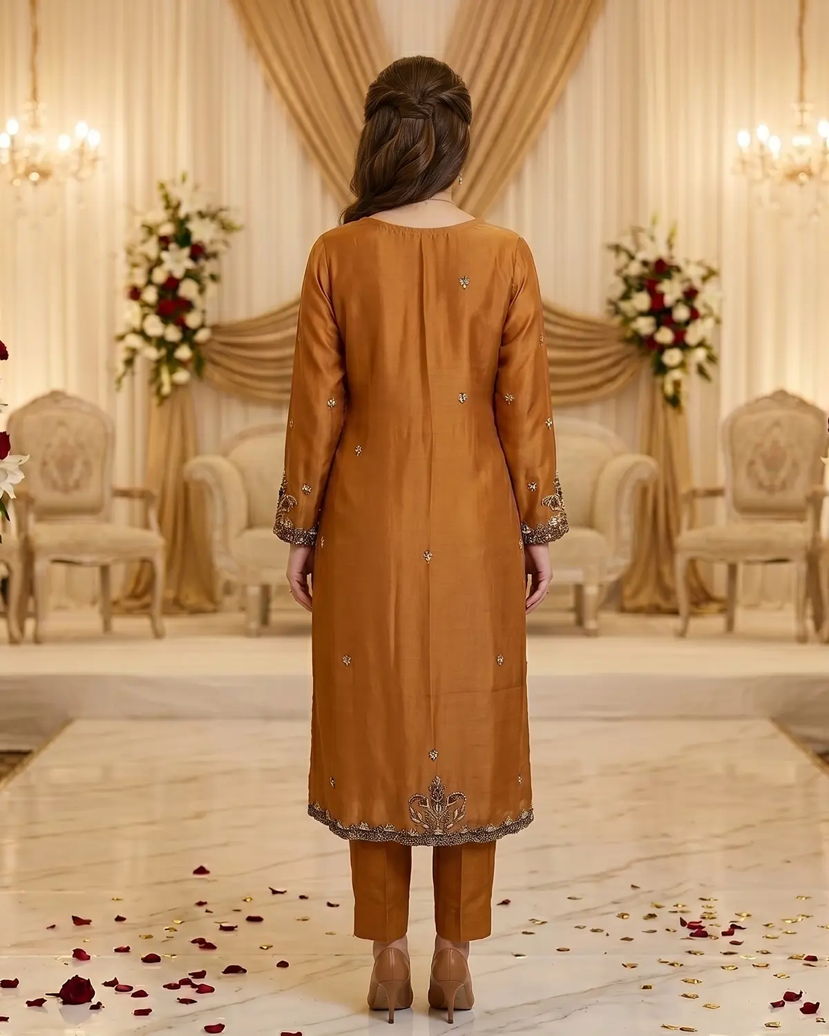 Mustard Zari Formal Shirt Trouser Suit - Image 3