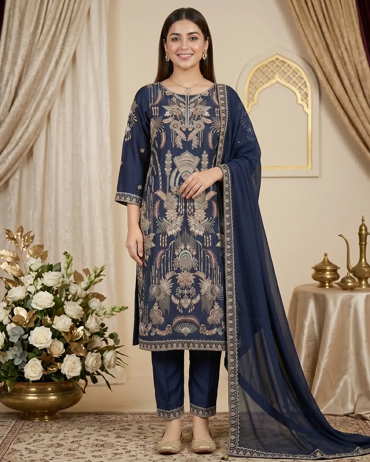 Navy Blue Embellished Formal Shirt Trouser Suit - Image 2