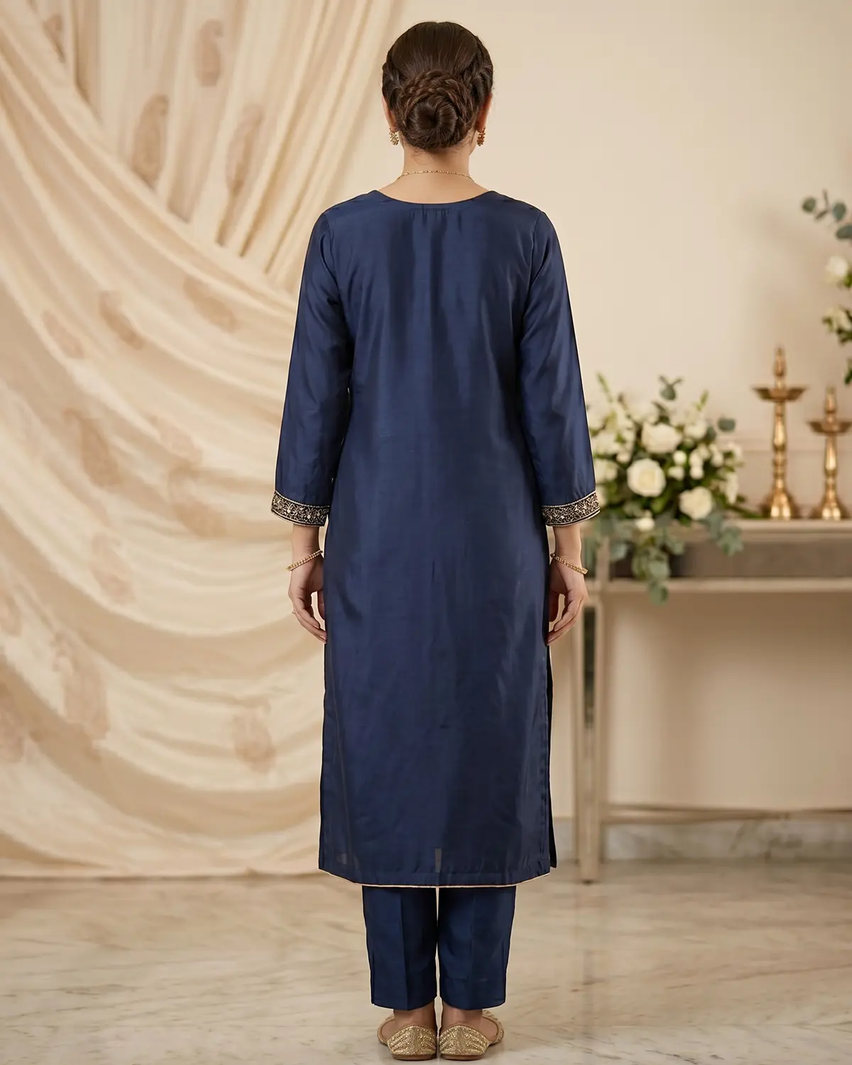 Navy Blue Embellished Formal Shirt Trouser Suit - Image 3