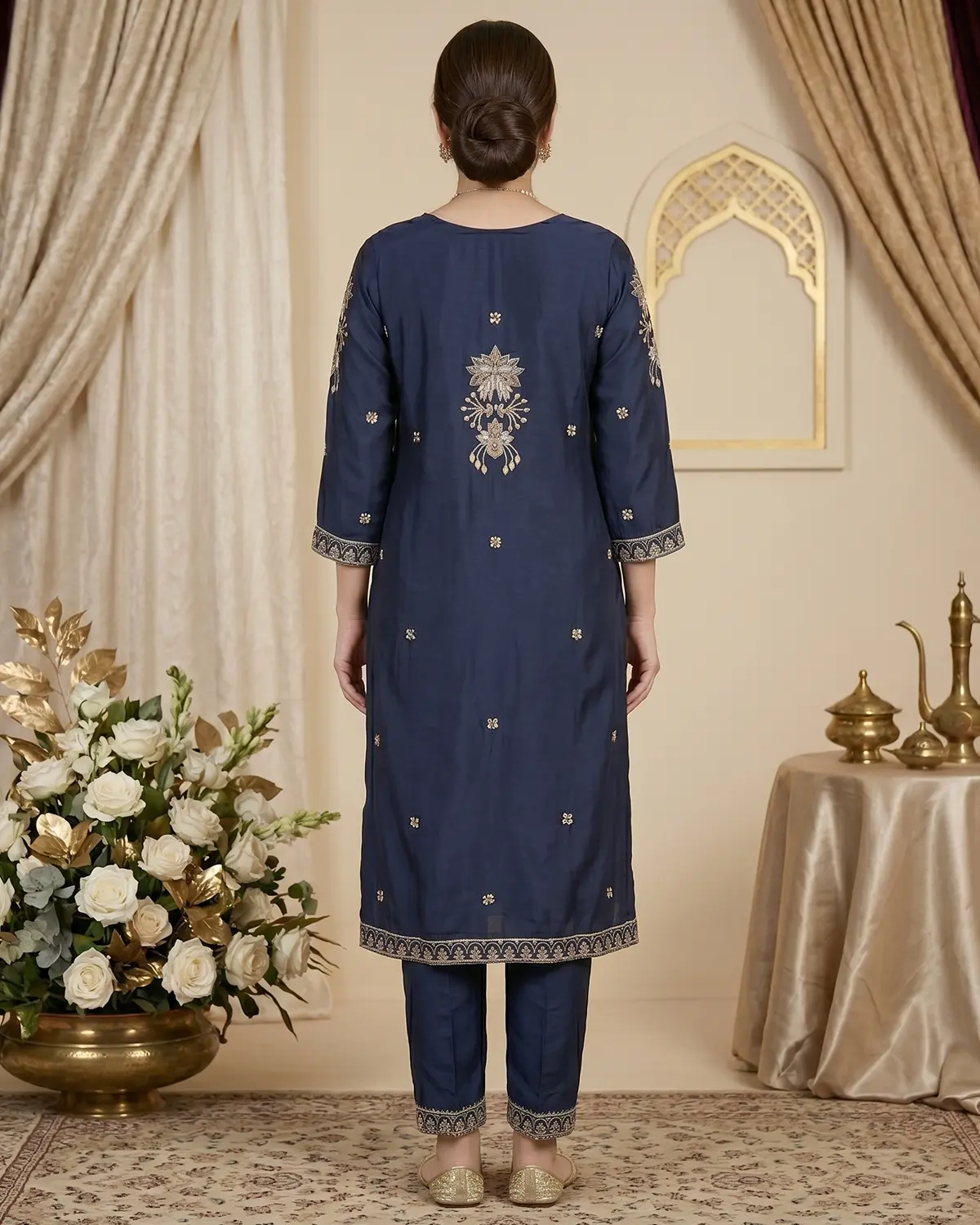 Navy Blue Embellished Formal Shirt Trouser Suit - Image 3