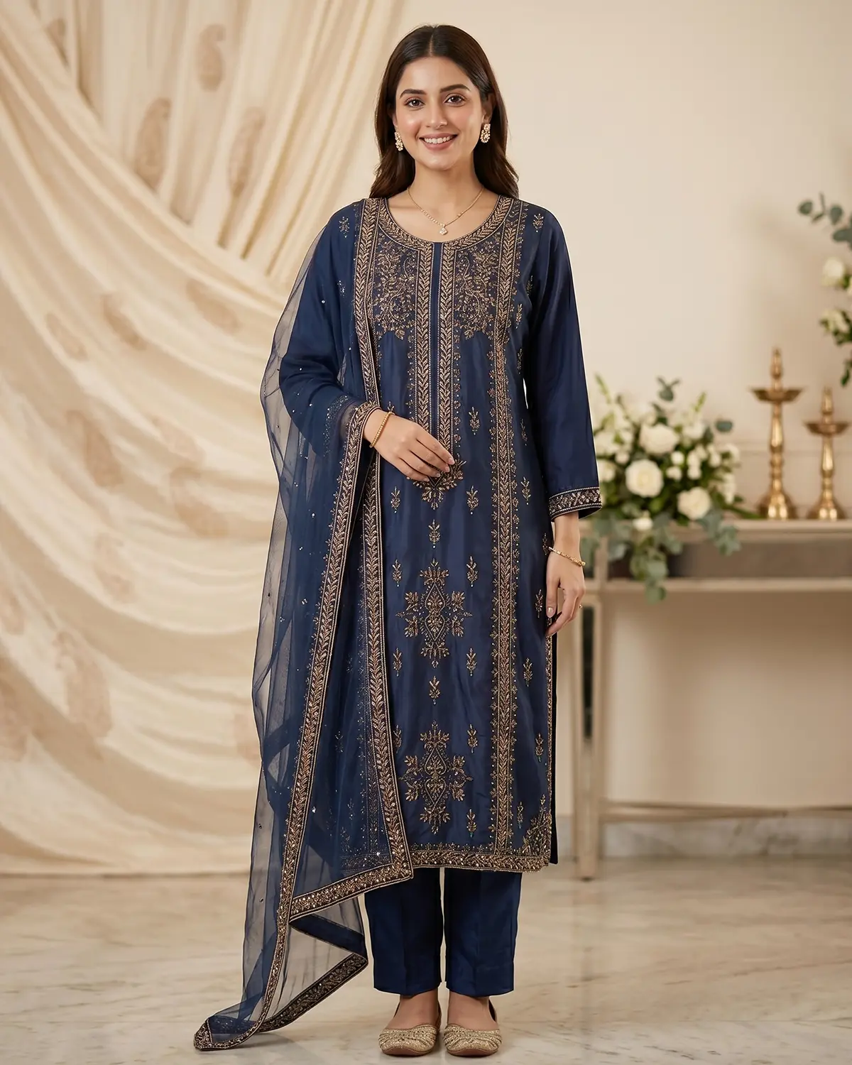 Navy Blue Embellished Formal Shirt Trouser Suit - Image 2