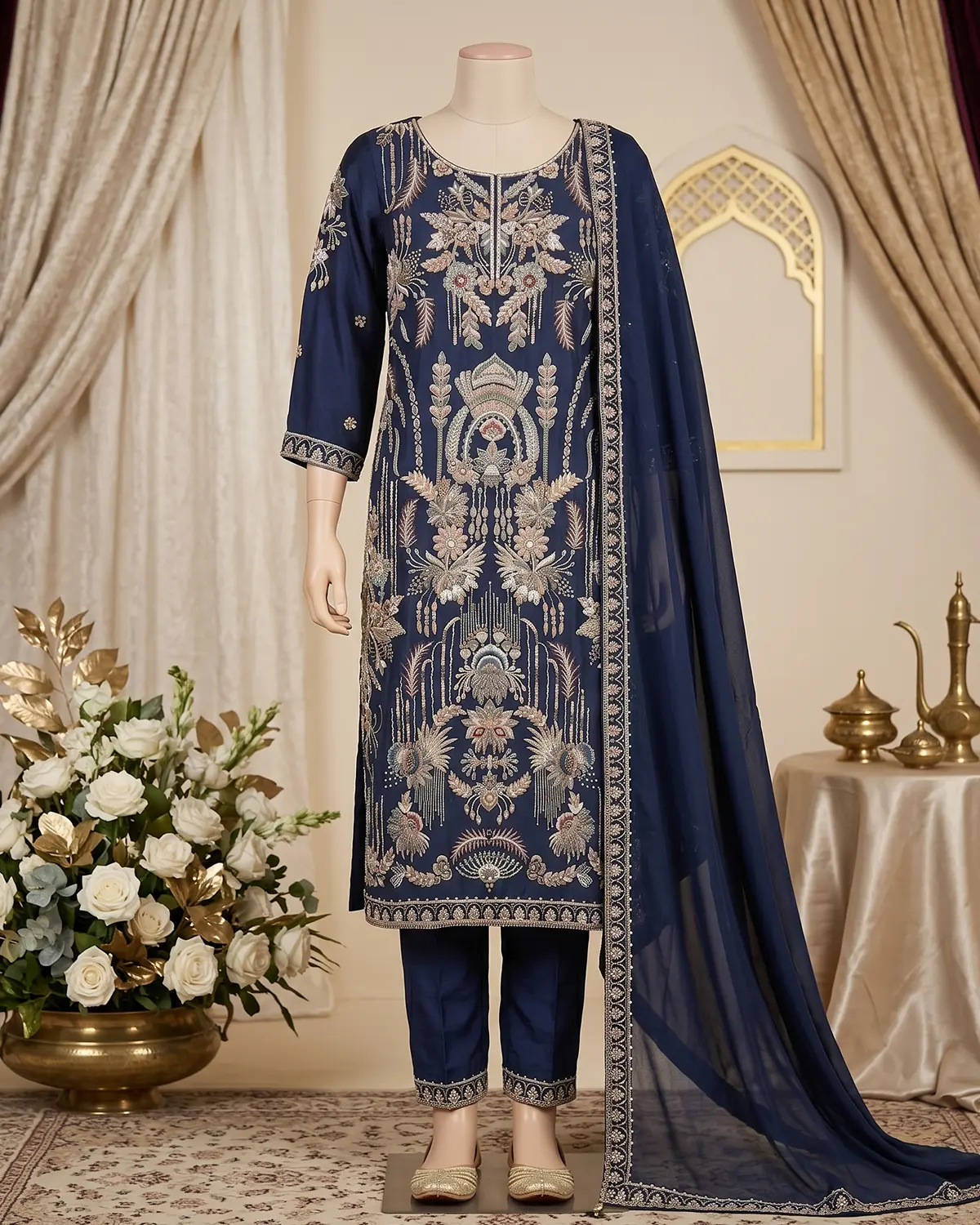 Navy Blue Embellished Formal Shirt Trouser Suit