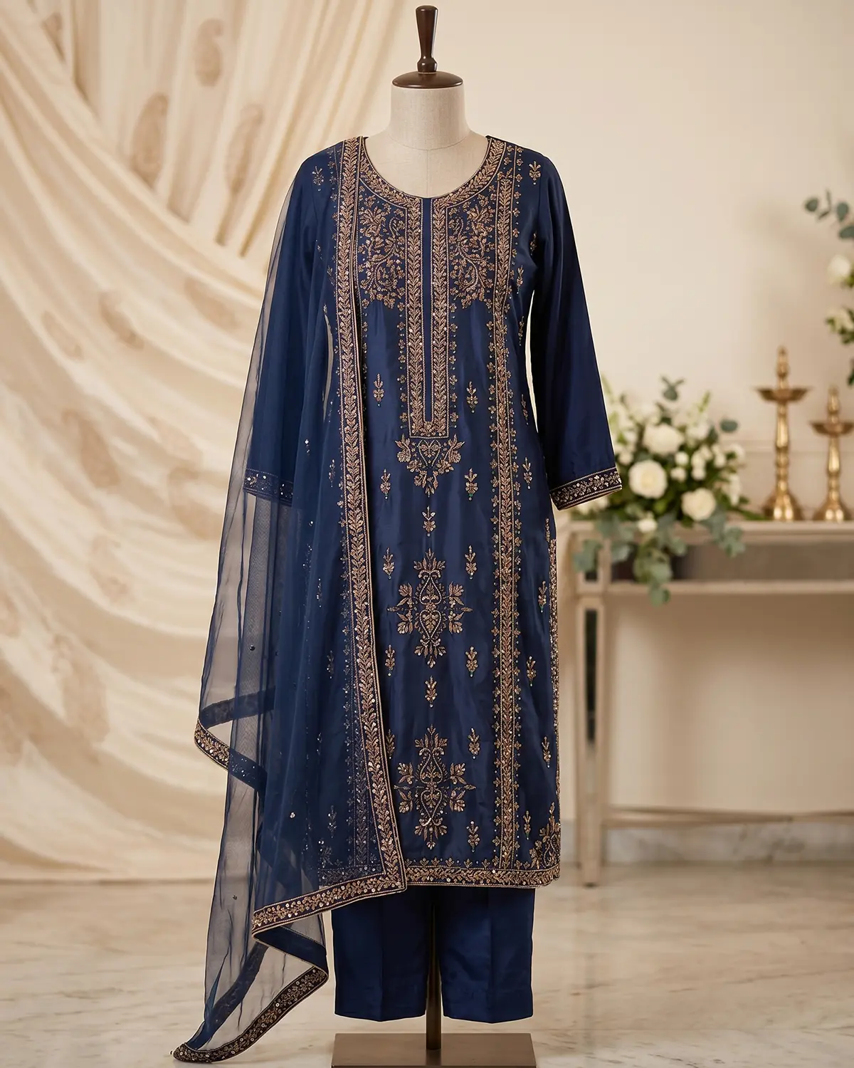 Navy Blue Embellished Formal Shirt Trouser Suit