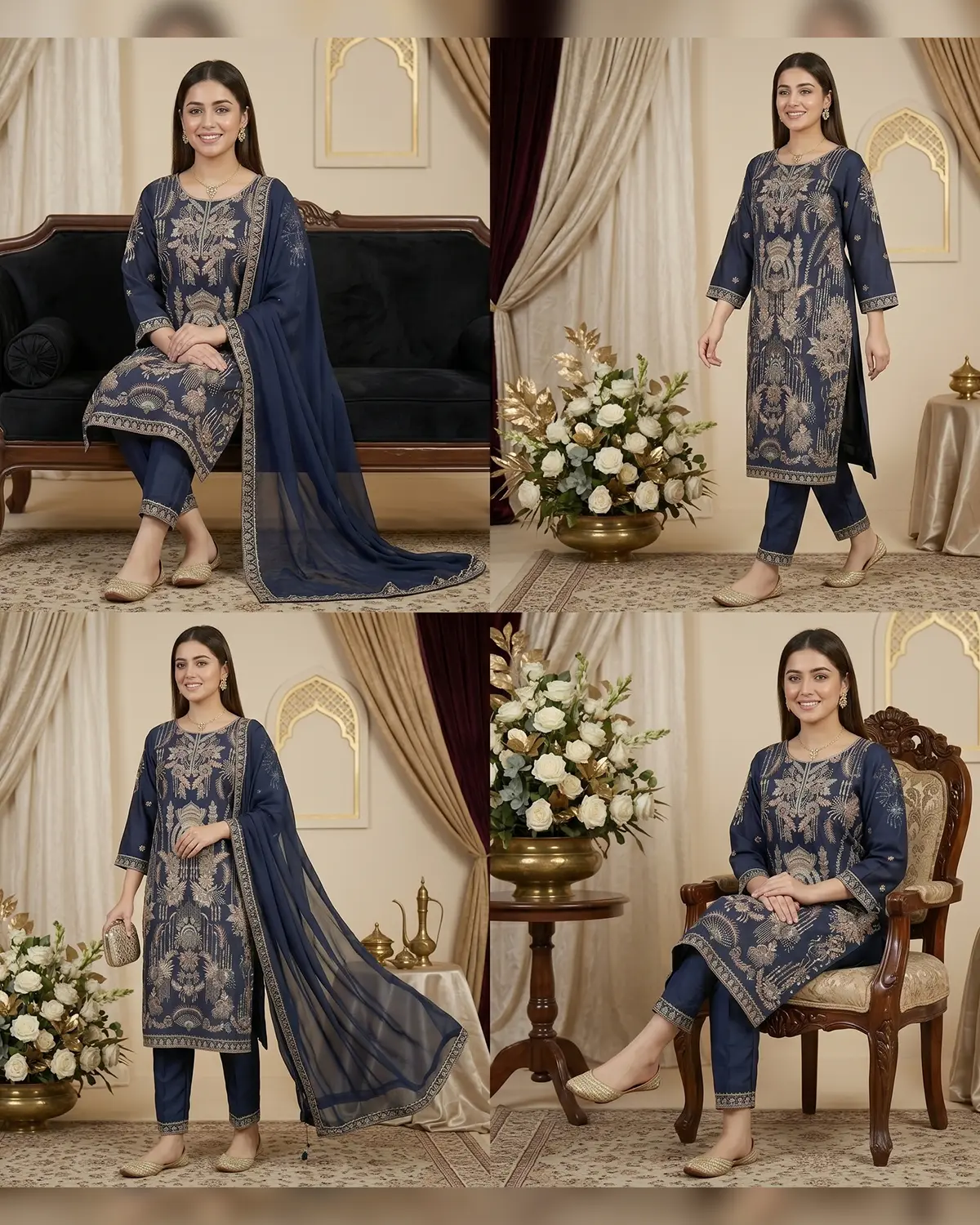 Navy Blue Embellished Formal Shirt Trouser Suit - Image 4