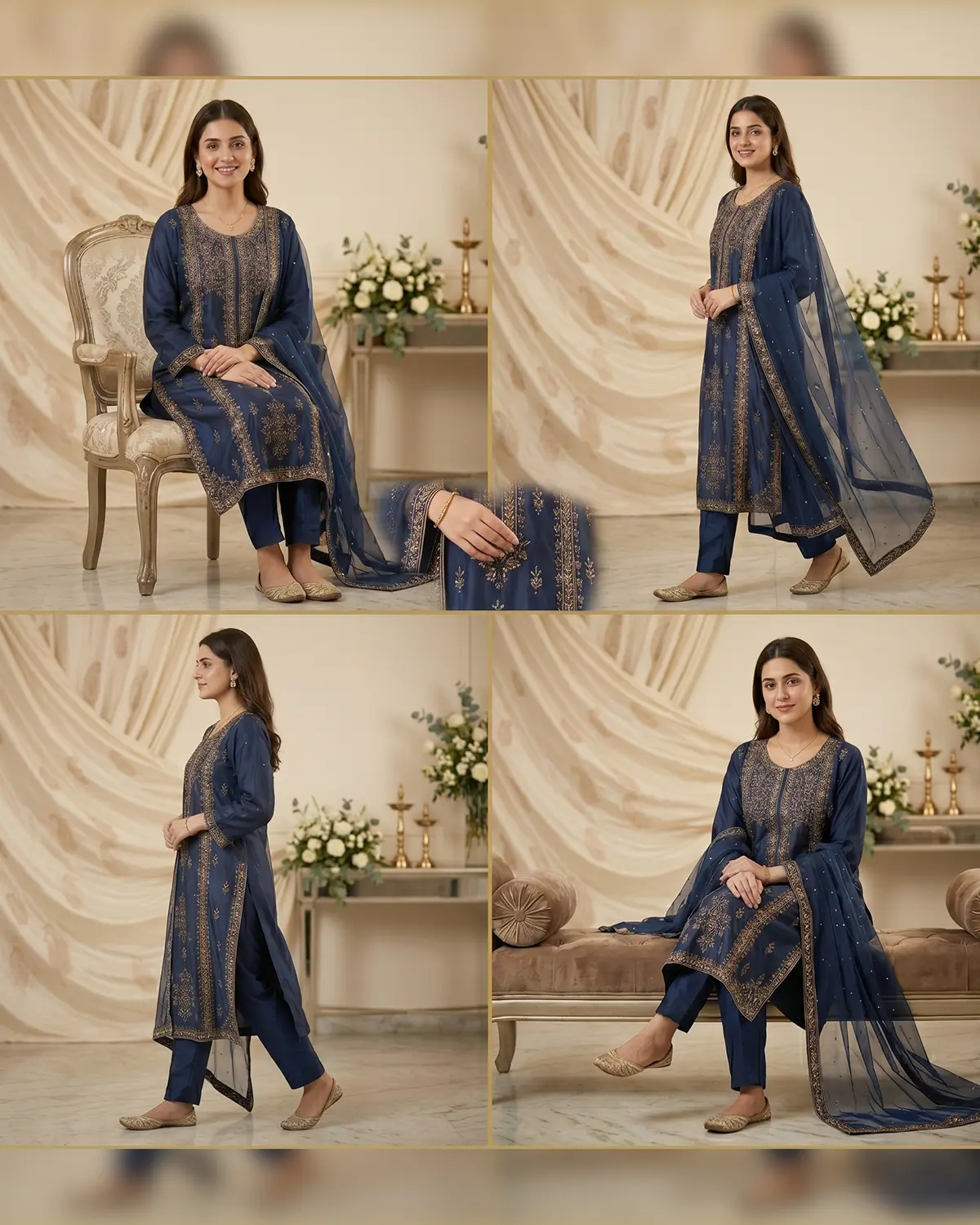 Navy Blue Embellished Formal Shirt Trouser Suit - Image 4
