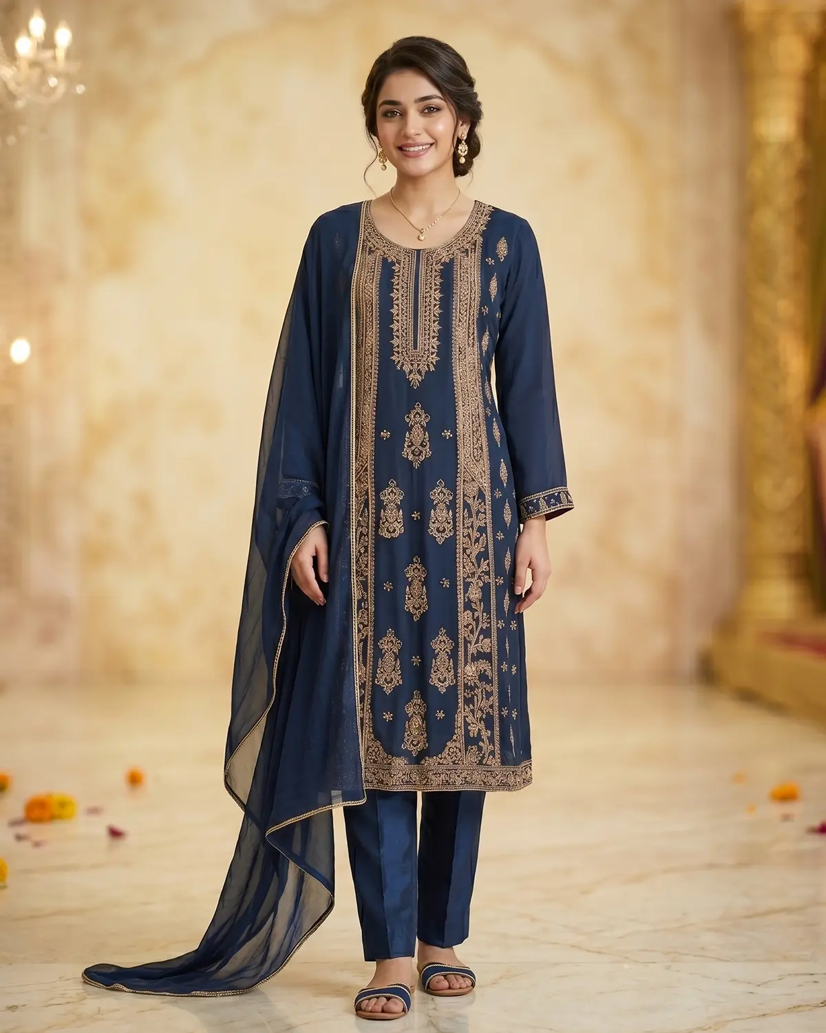 Navy Blue Zari Formal Shirt Trouser Suit - Image 2