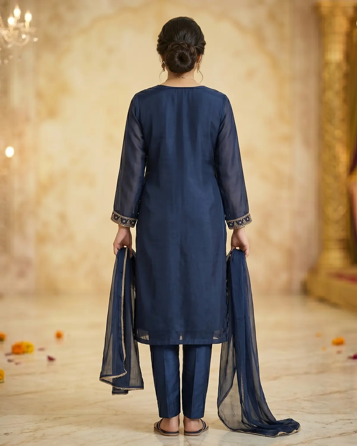 Navy Blue Zari Formal Shirt Trouser Suit - Image 3
