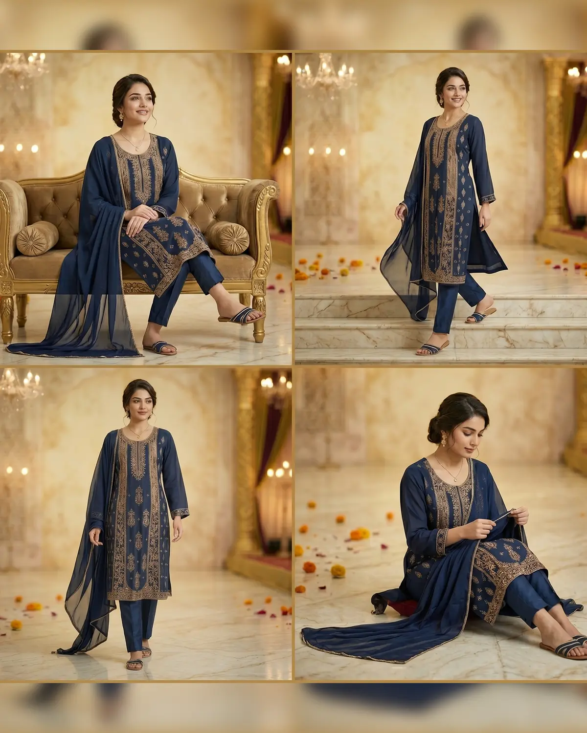 Navy Blue Zari Formal Shirt Trouser Suit - Image 4