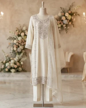 Off White Zari Formal Shirt Trouser Suit