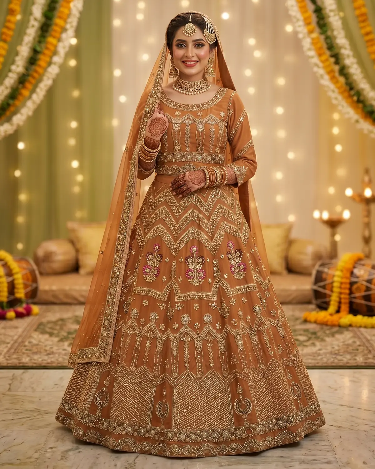 Orange Anarkali Mehndi Bridal Lehenga Choli - Image 2