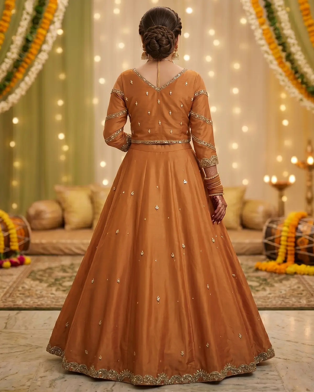 Orange Anarkali Mehndi Bridal Lehenga Choli - Image 3