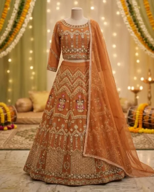 Orange Anarkali Mehndi Bridal Lehenga Choli