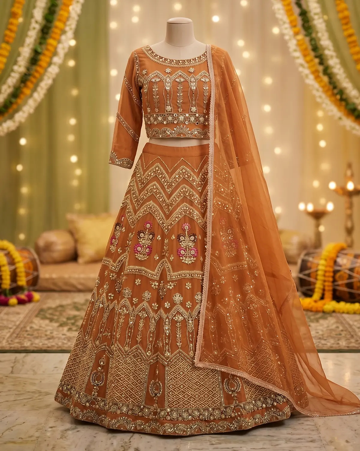 Orange Anarkali Mehndi Bridal Lehenga Choli