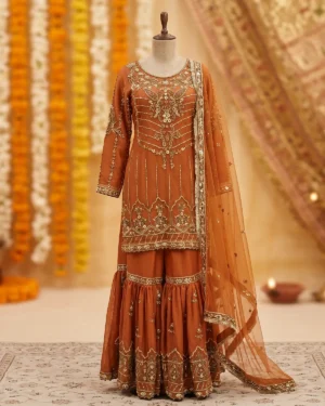Orange Pearl Bridal Mehndi Gharara Shirt