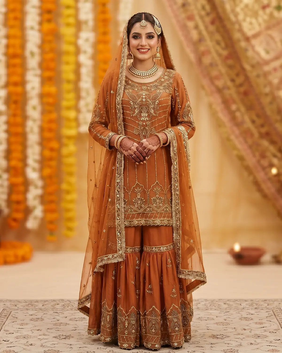 Orange Pearl Bridal Mehndi Gharara Shirt - Image 2