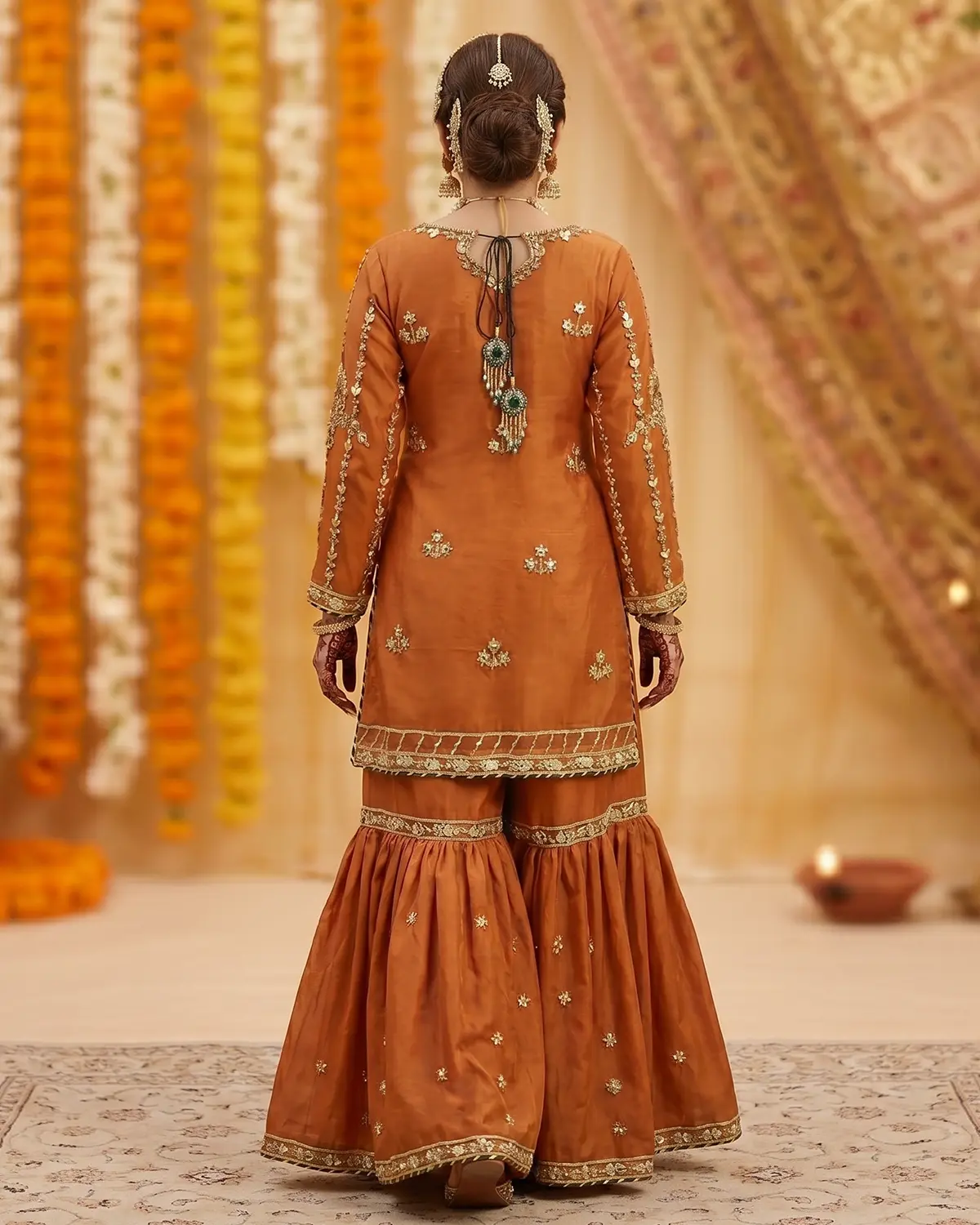 Orange Pearl Bridal Mehndi Gharara Shirt - Image 3
