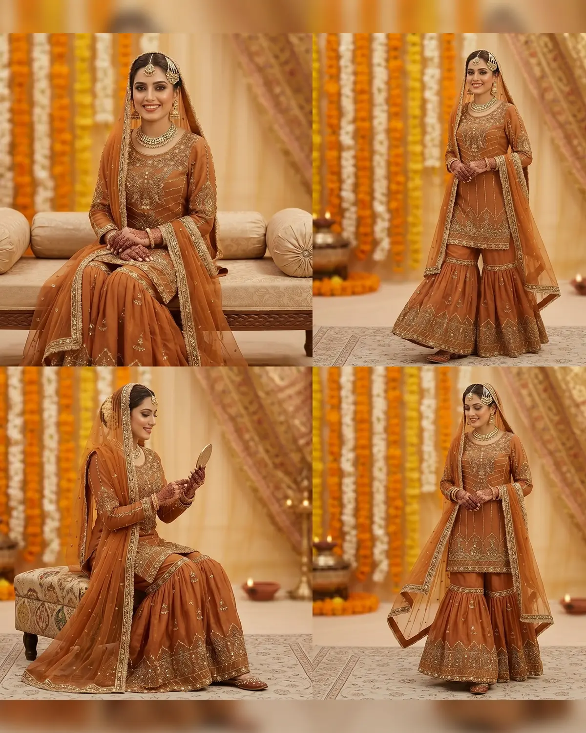 Orange Pearl Bridal Mehndi Gharara Shirt - Image 4