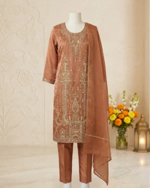 Peach Zari Formal Shirt Trouser Suit