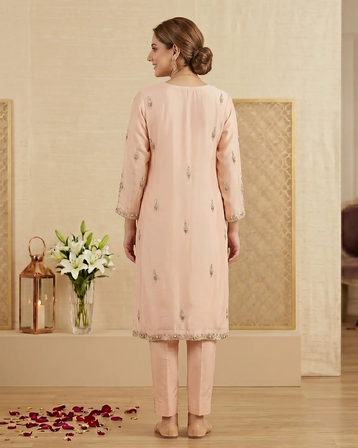Powder Pink Zari Formal Shirt Trouser Suit - Image 3