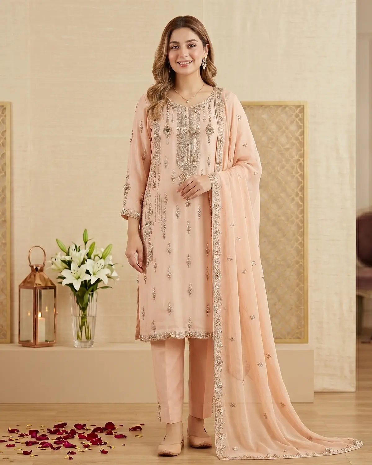 Powder Pink Zari Formal Shirt Trouser Suit - Image 2