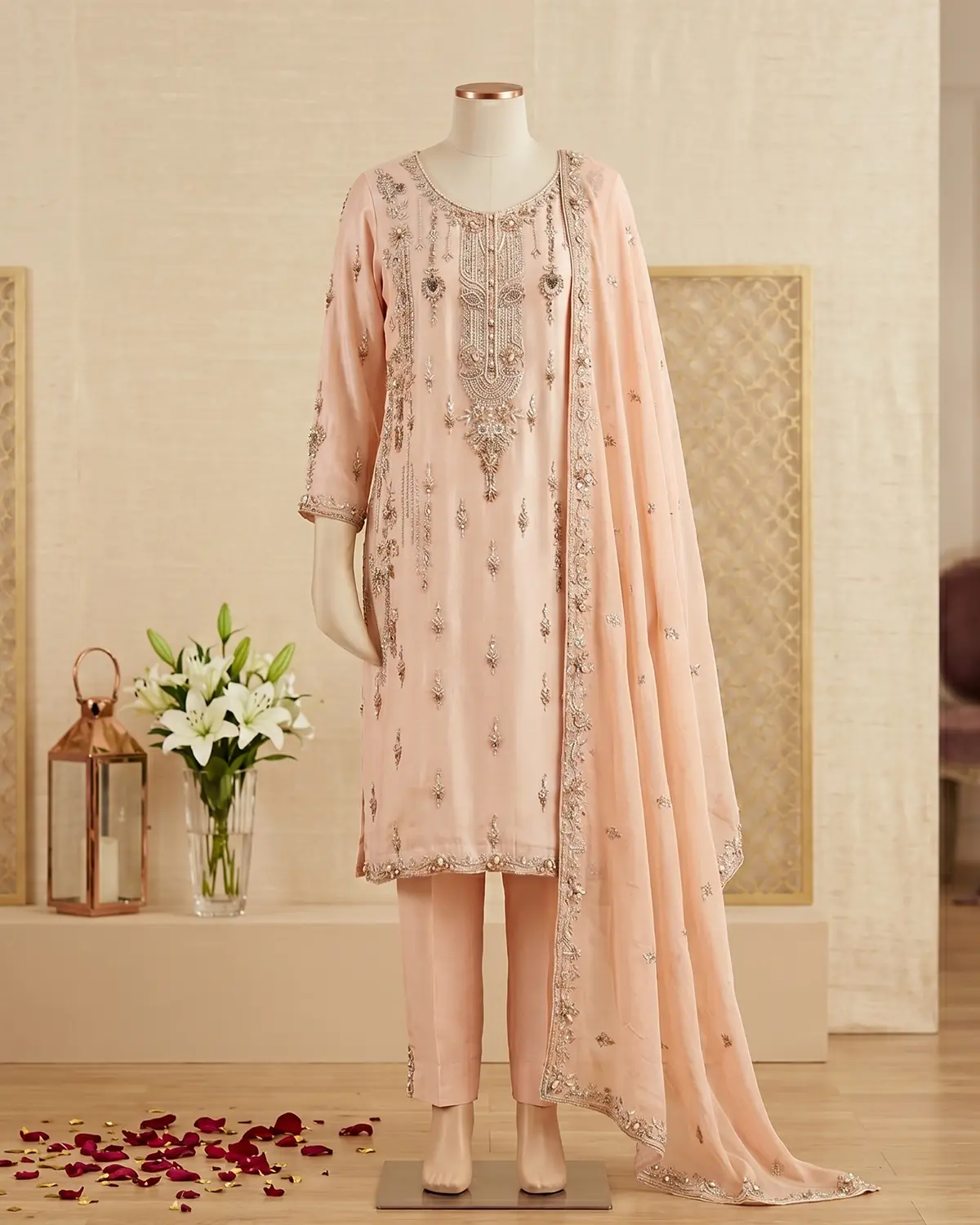 Powder Pink Zari Formal Shirt Trouser Suit