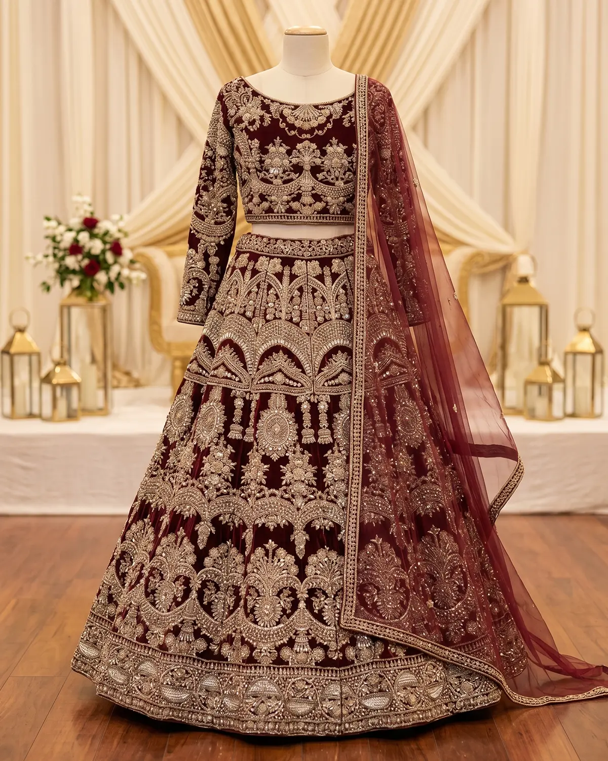 Premium Golden Velvet Bridal Lehenga Choli
