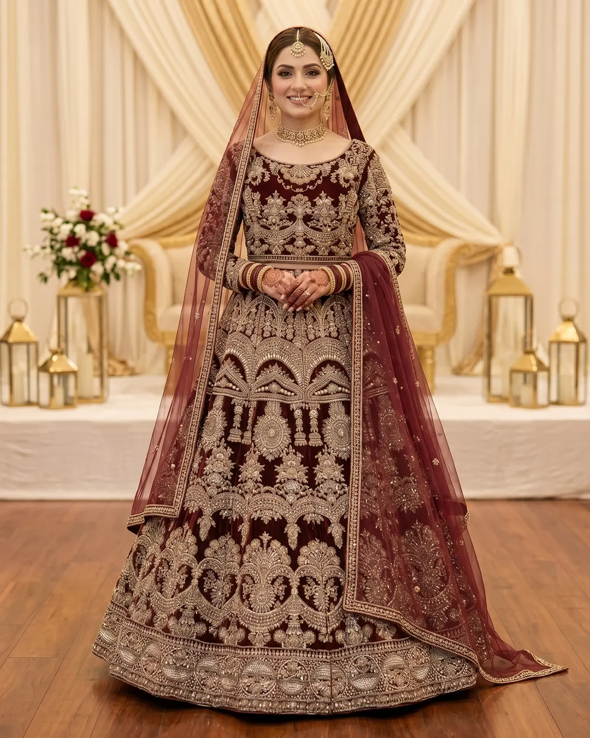 Premium Golden Velvet Bridal Lehenga Choli - Image 2