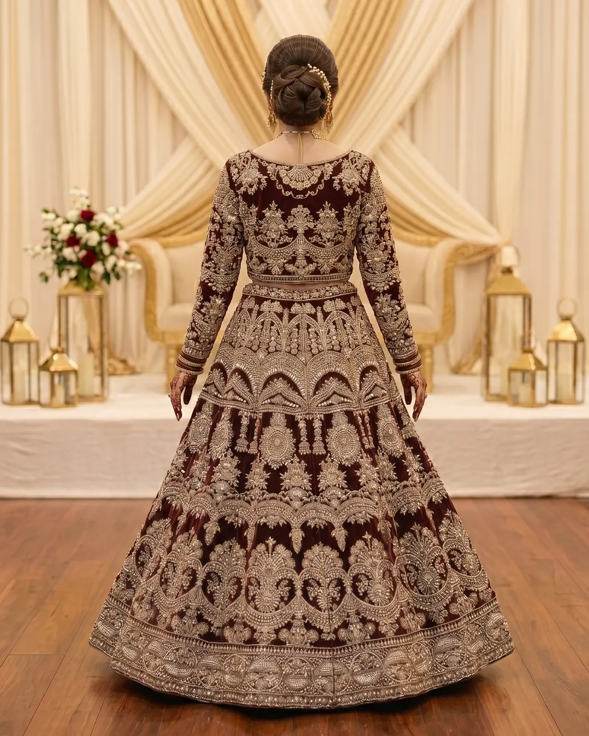 Premium Golden Velvet Bridal Lehenga Choli - Image 3