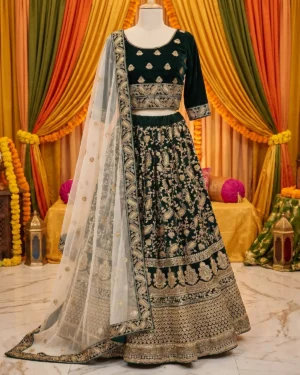 Premium Green Velvet Mehndi Bridal Lehenga Choli