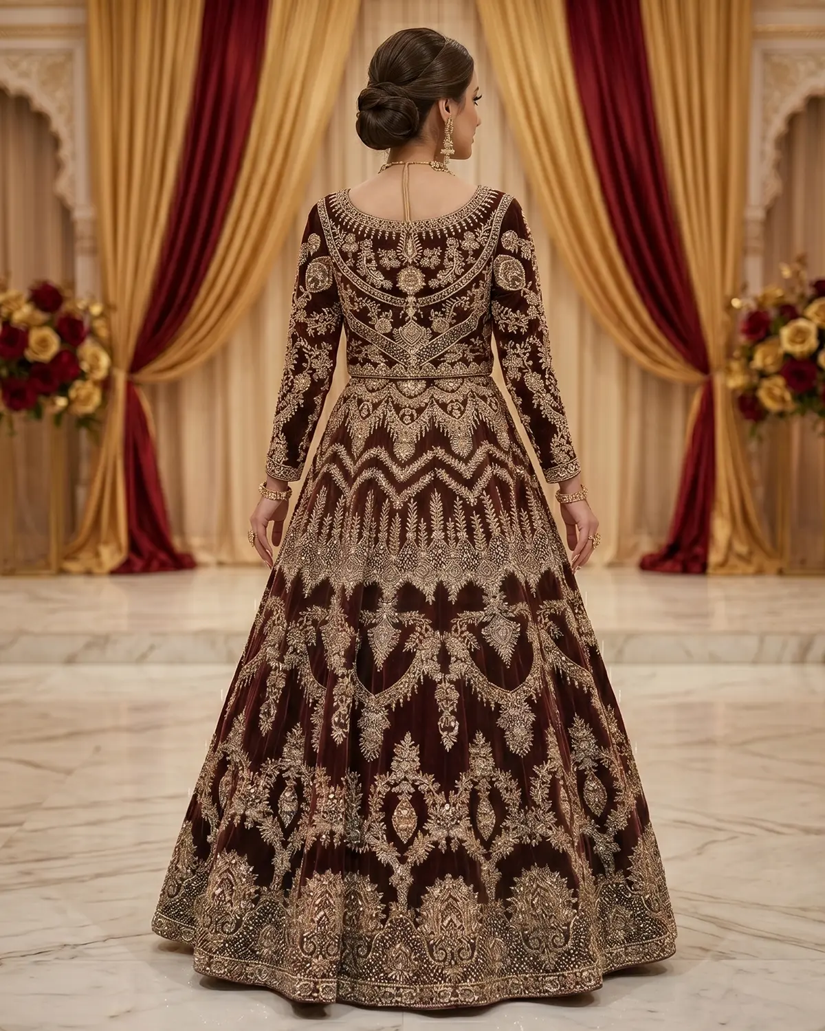 Premium Maroon Jewel Bridal Velvet Lehenga Choli - Image 3