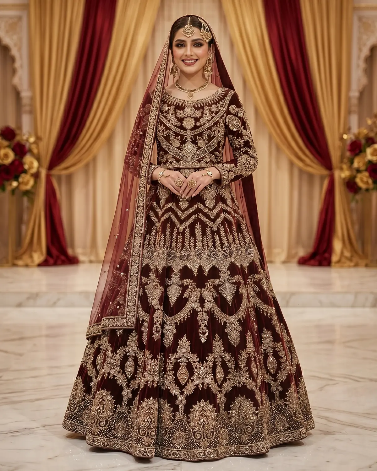 Premium Maroon Jewel Bridal Velvet Lehenga Choli - Image 2