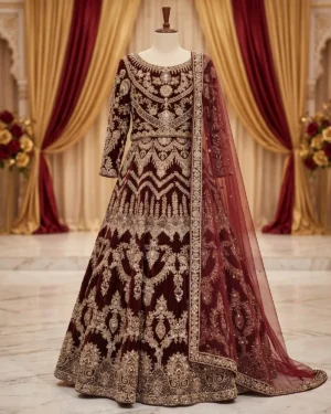 Premium Maroon Jewel Bridal Velvet Lehenga Choli